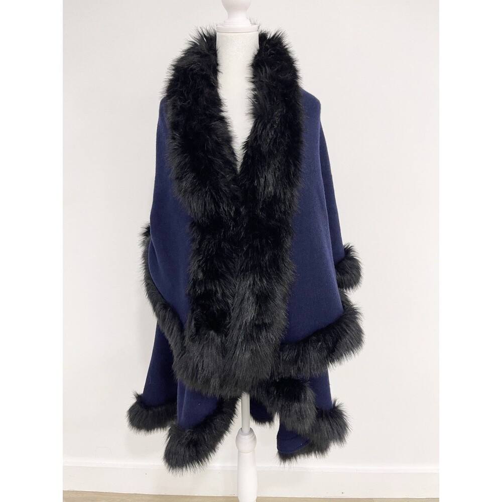 Donna Lepure Navy 100% Wool Knit Shawl Wrap Women Old Money Mob Wife Faux Fur